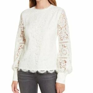 Elegant White Lace Women's Top scalloped bishop sleeve Small